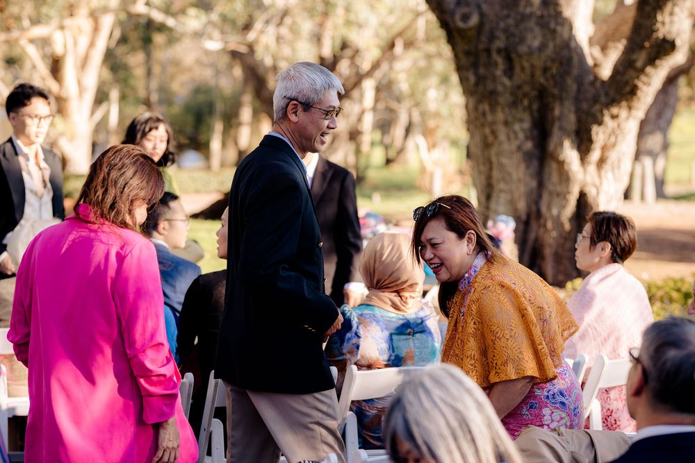 Guests mingling outdoors at a garden wedding reception surrounded by trees on a sunny day.