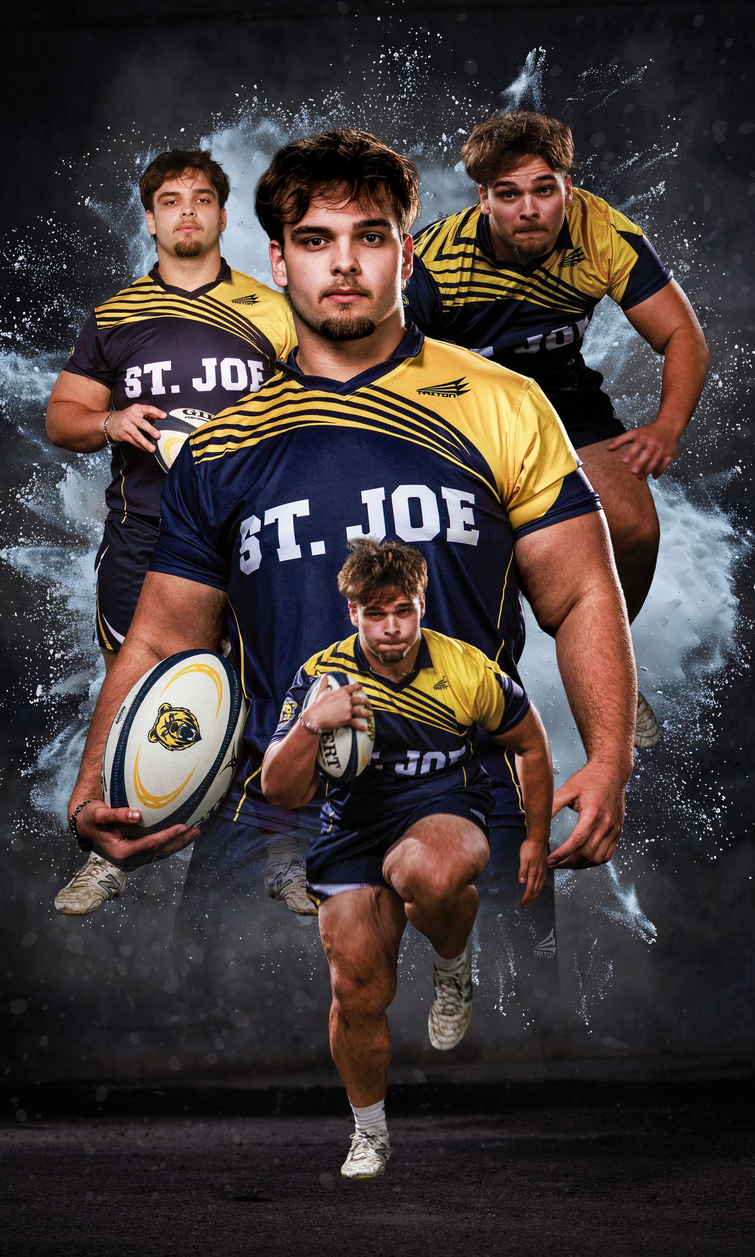St. Joe rugby players in blue and gold jerseys pose dynamically in a composite sports photo.
