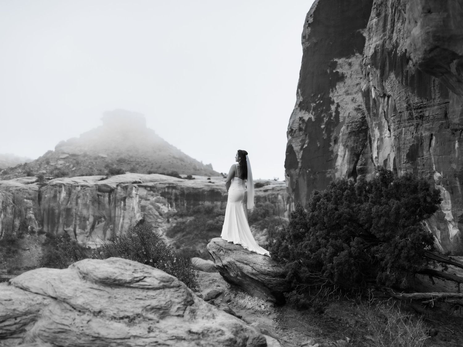 Dramatic black and white landscape of towering cliffs and mountain formations.