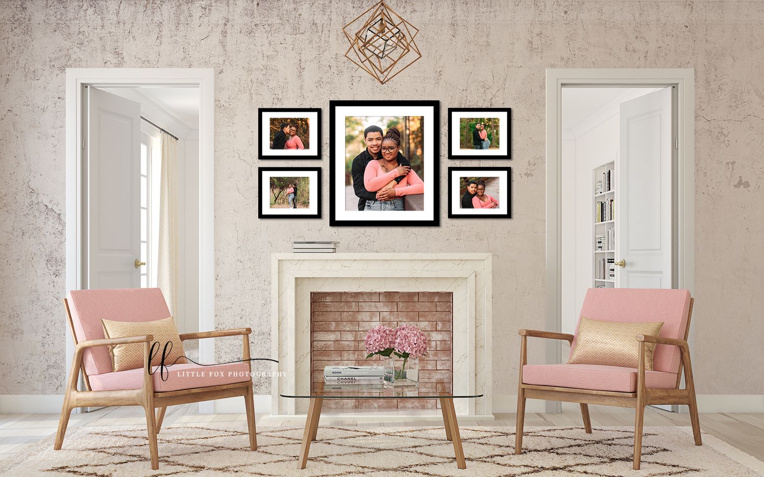 Room with framed photo collage on wall showcasing wall art collection