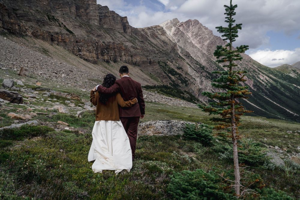 Couple in wedding attire admiring majestic mountain views in natural landscape setting.