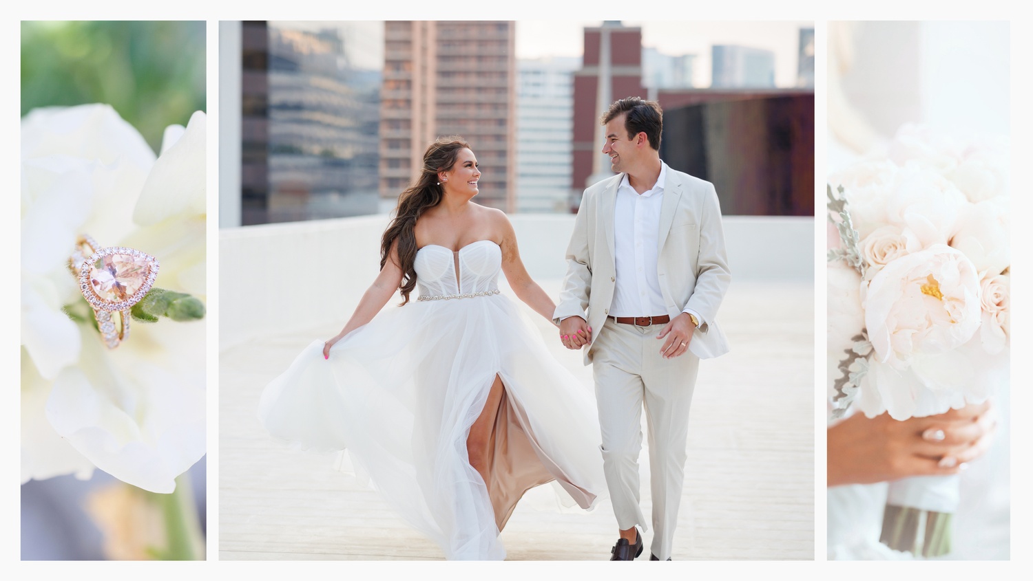 Wedding photo collage featuring floral details and couple in white attire against urban backdrop.