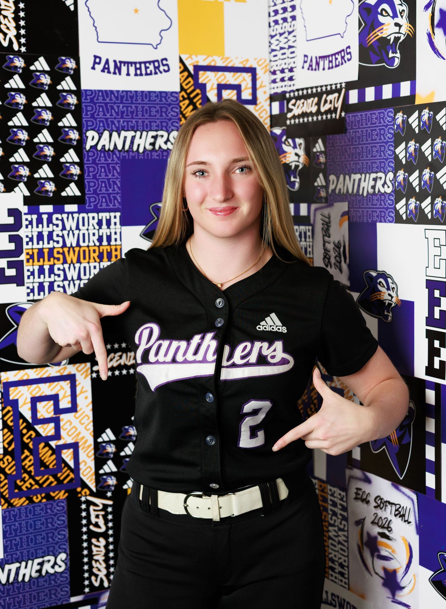 School spirit display featuring Panthers team branding with purple and white decorative elements in a hallway.