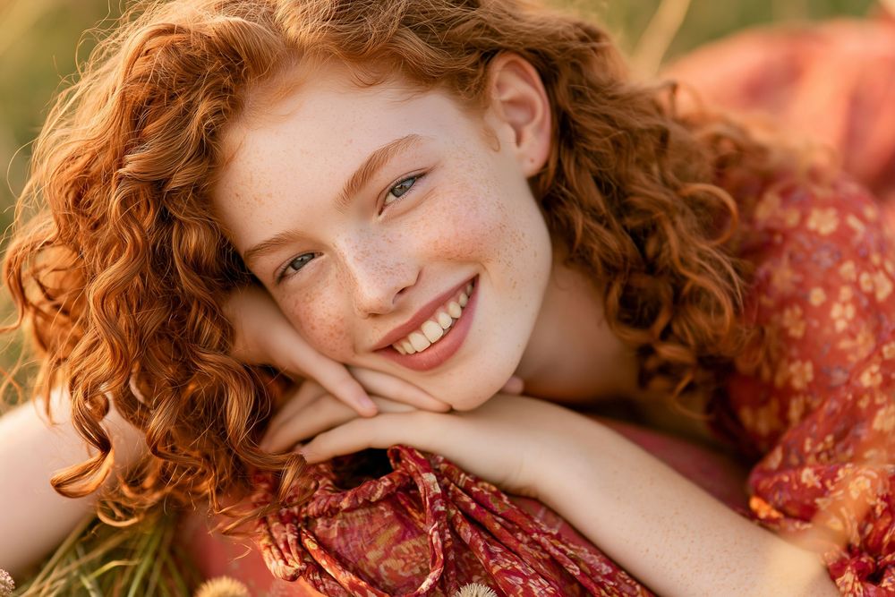 Smiling young girl with curly red hair and freckles lying in grass wearing a red floral dress.