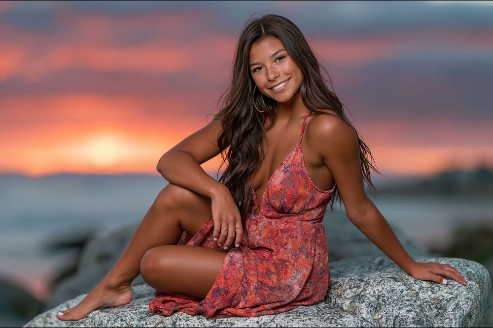 Young woman in floral dress sitting on rocks at sunset beach, smiling with ocean waves and colorful sky behind her.