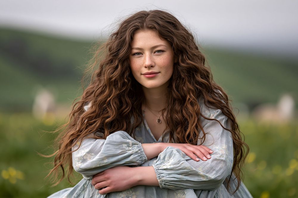 Young woman with long curly brown hair in a light blue dress, sitting outdoors with green hills in the background.