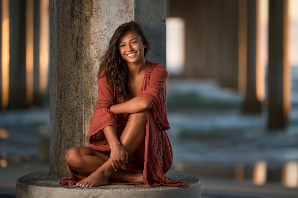 Young woman in rust-colored wrap dress sitting under pier columns with ocean waves in background.