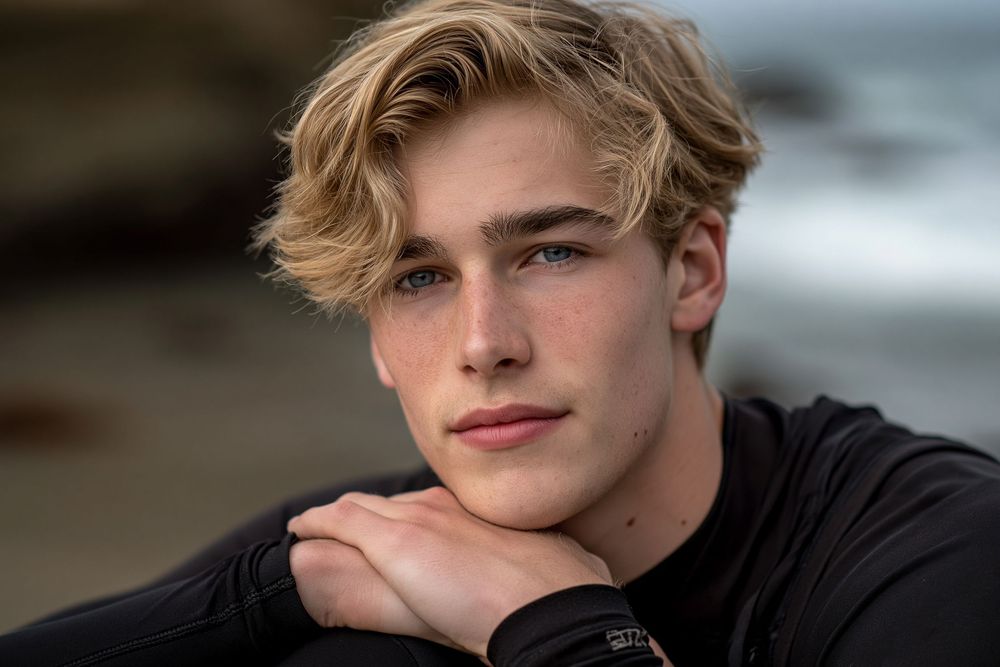 Young blonde man with blue eyes resting chin on hand, posing outdoors near ocean in black jacket.