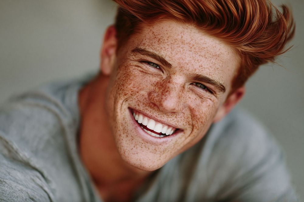 Smiling young man with red hair, freckles, and bright white teeth wearing a gray shirt.