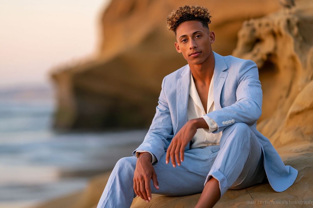 Young man in light blue suit sitting on rocky beach at sunset, posing confidently with golden cliffs in background.