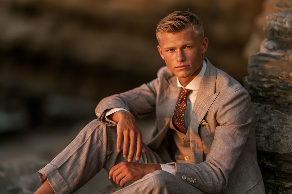 Young man in a light gray suit with patterned tie sits against rocky backdrop in warm golden light.