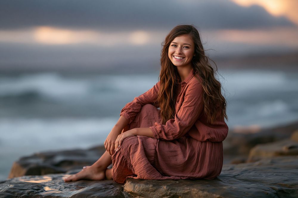 Young woman in rust dress sitting on coastal rocks, smiling, with ocean waves and dramatic sky behind her.