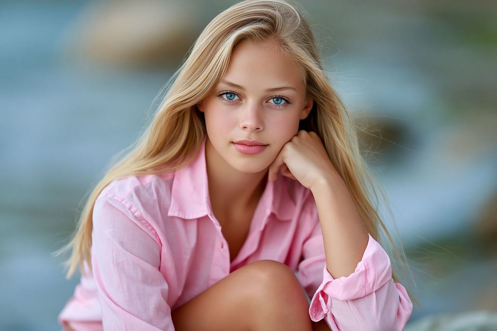 Young blonde girl with blue eyes in pink shirt sitting outdoors near water, portrait photo.