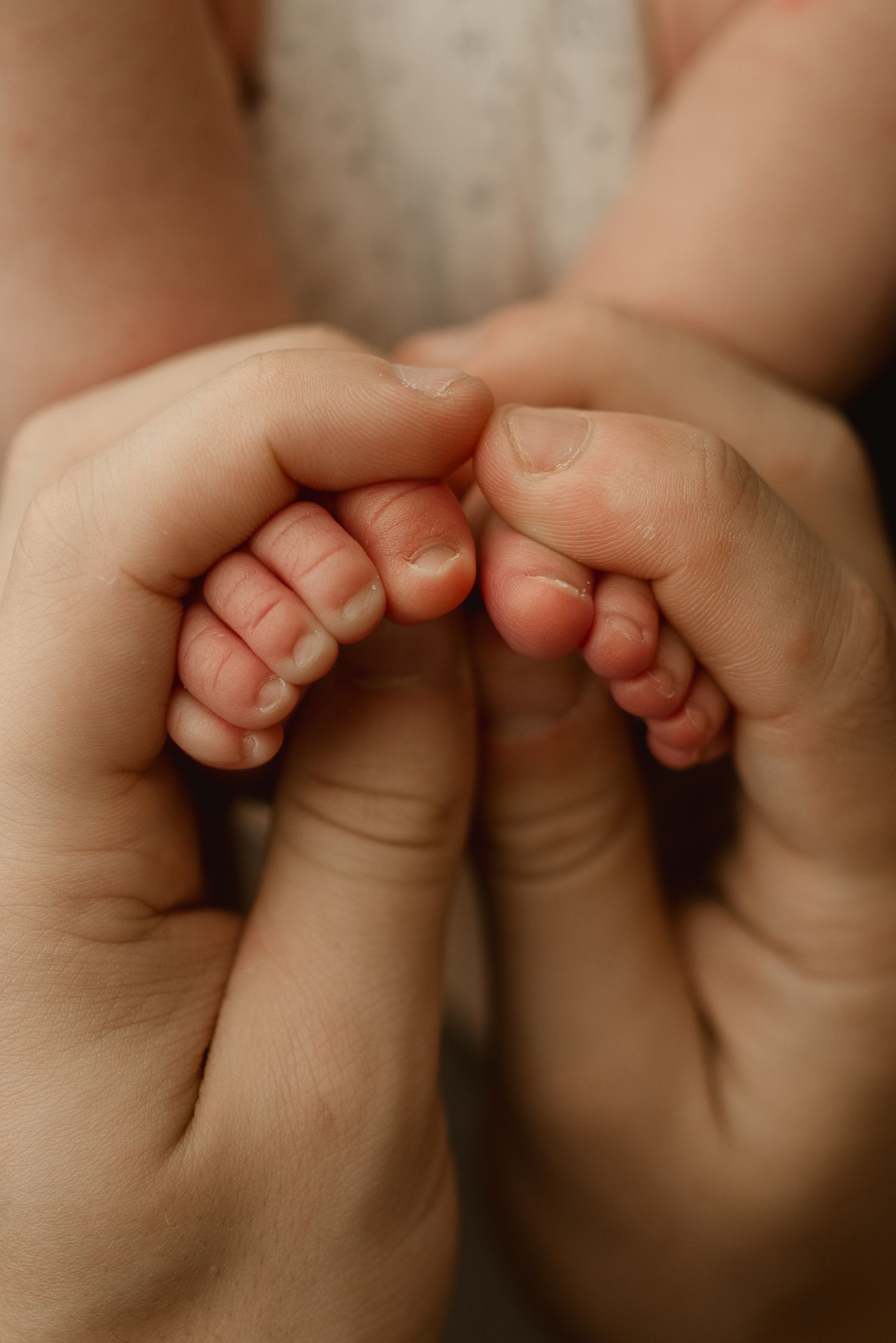 New dad shows off newborn baby boy's toes in his hands during studio newborn session in Clarksville, Tennessee.