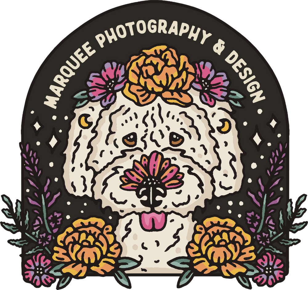 Circular emblem design featuring an illustrated dog face surrounded by flowers and text.
