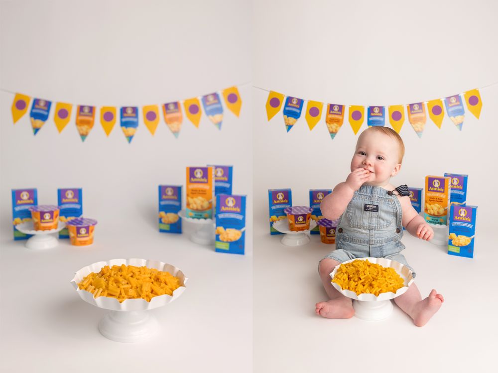 Mac and SAY CHEESE smash session with little boy and macaroni and cheese, taken by Jen Knightstep, Photographer