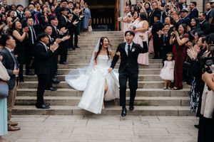 Wedding party and guests gather on grand stone steps during an outdoor celebration ceremony.