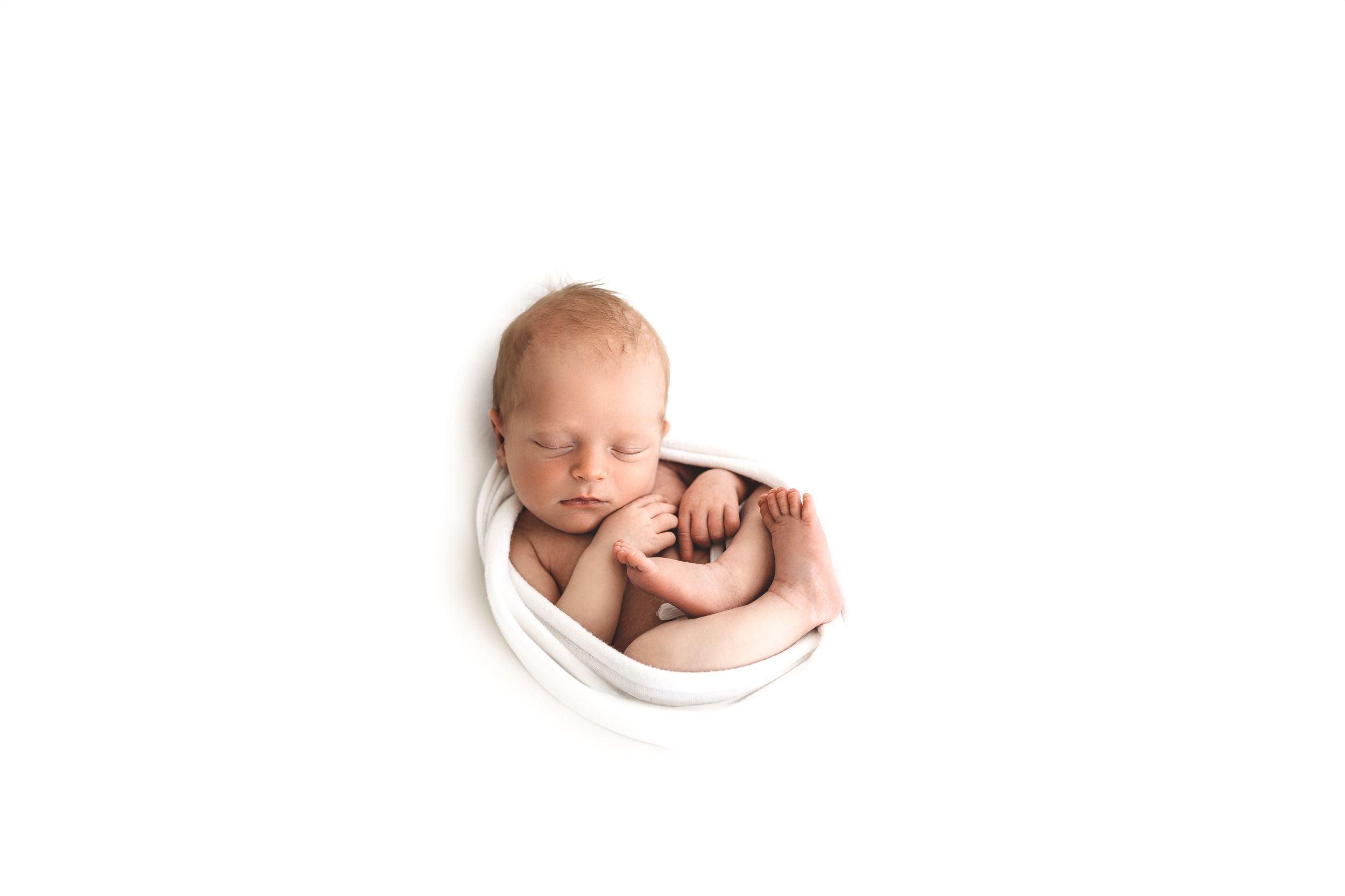 Peaceful newborn baby swaddled in white wrap, curled up sleeping on white background.