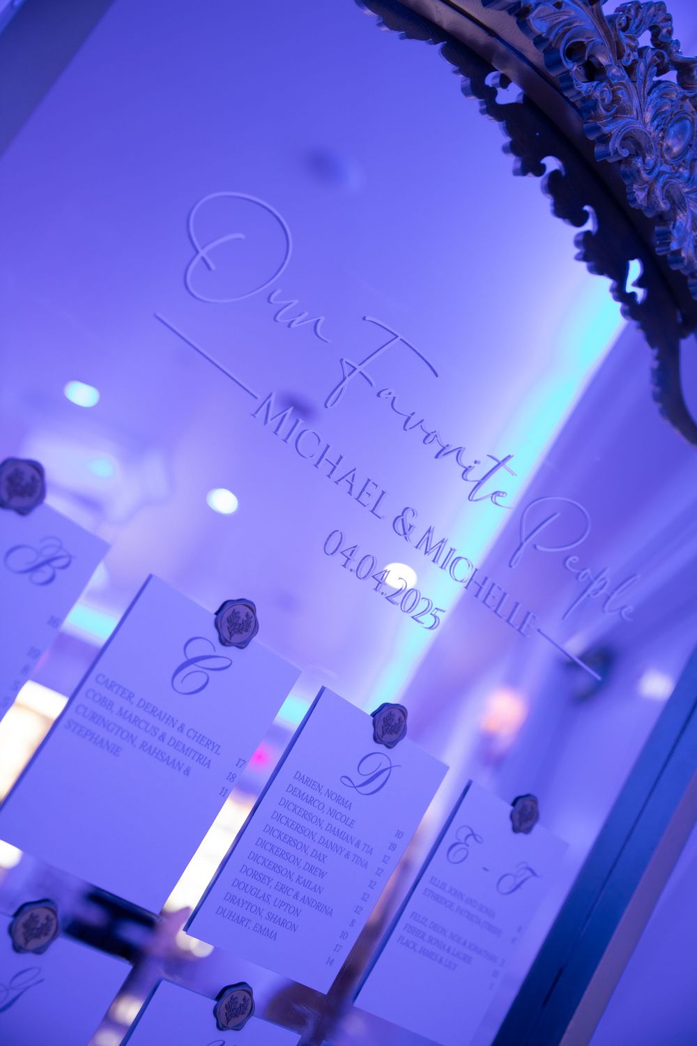 Wedding reception guest list with blue lighting and decorative elements.