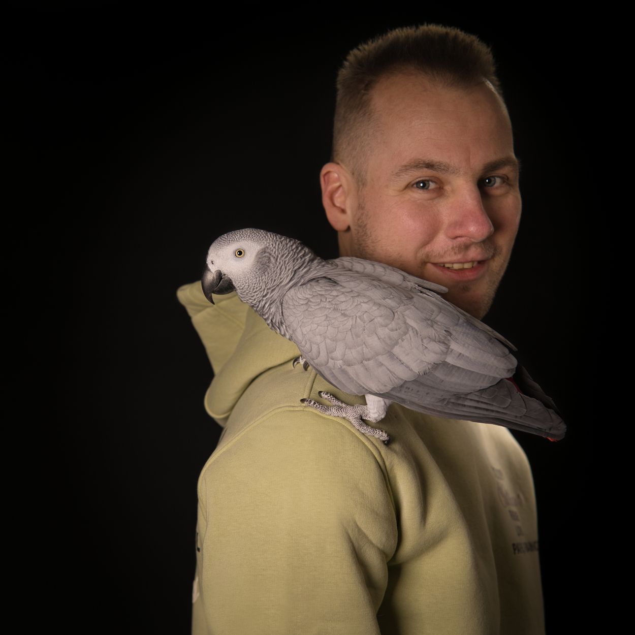 Fotoshoot baasje met Grijze roodstaart papegaai in de fotostudio bij dierenfotograaf Special Moments MvL te Nistelrode