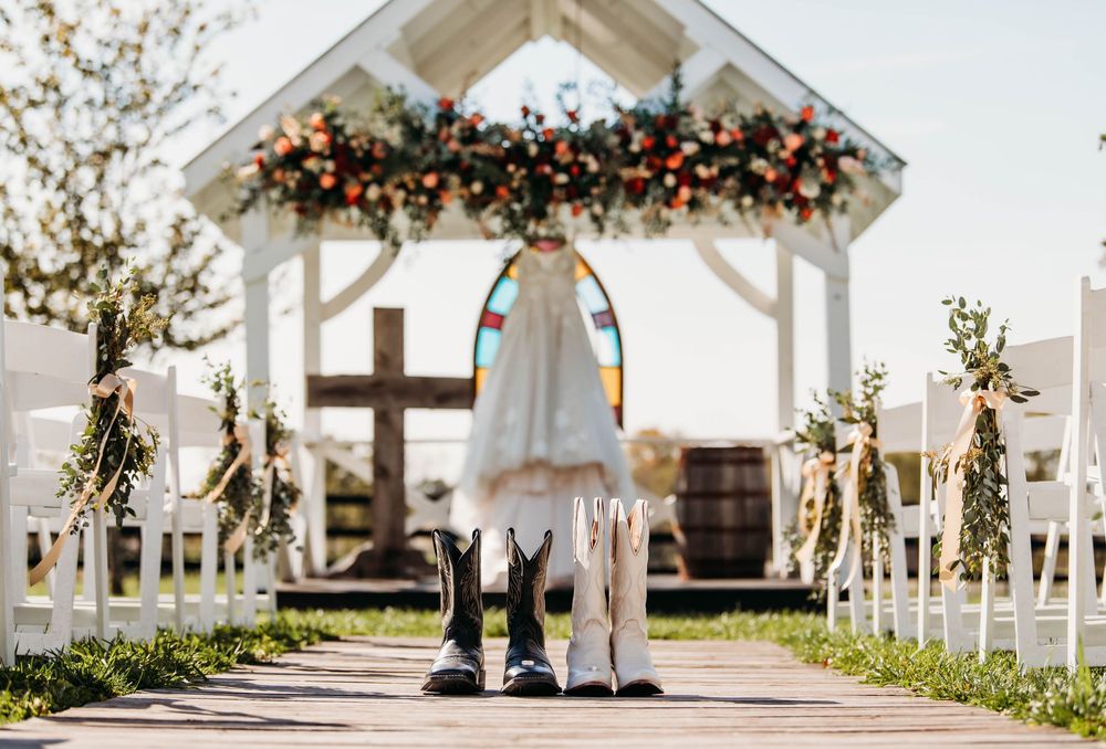 A panoramic collage of an elegant outdoor wedding ceremony with a white gazebo decorated in floral arrangements.