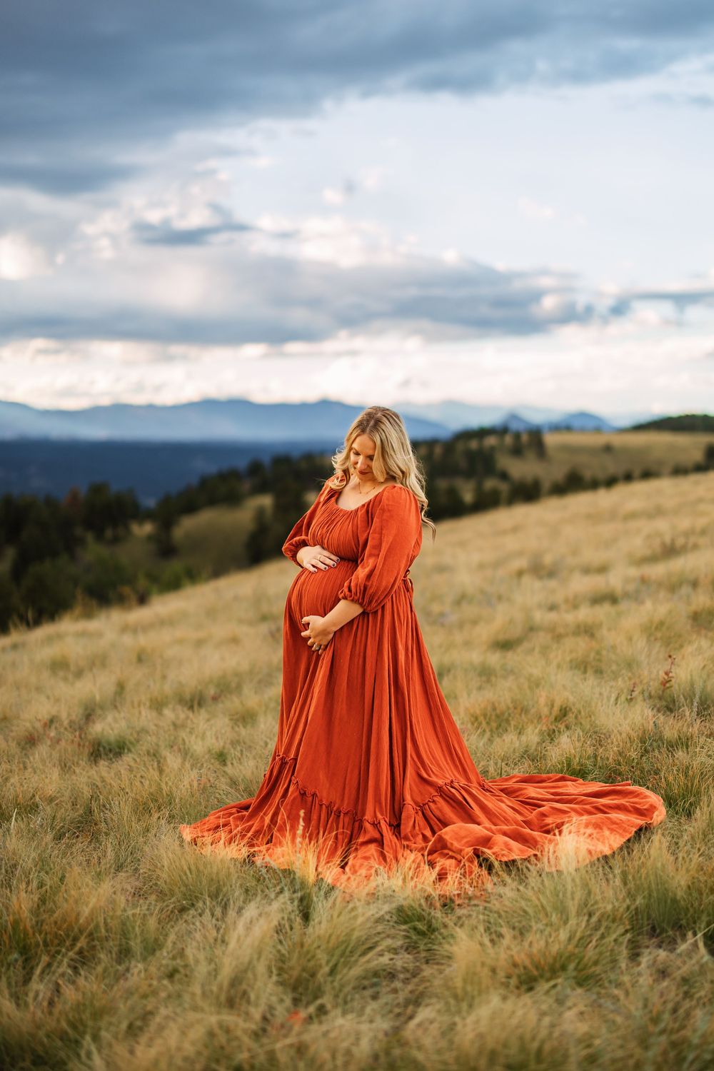 A flowing burnt orange dress billows dramatically against a mountainous landscape with golden grass and cloudy skies.