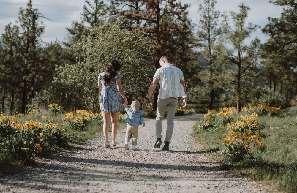 A family walks hand in hand down a gravel path surrounded by yellow wildflowers and evergreen trees in nature.