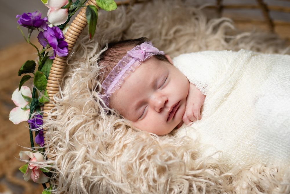 Sleeping newborn with a purple floral headband during a studio session in Mountain Home, Arkansas