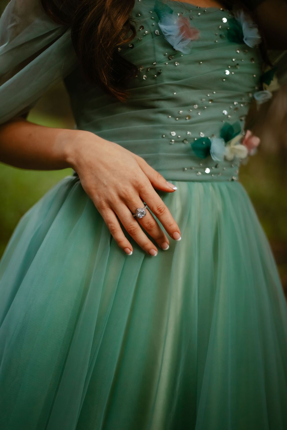 Cinematic detailed photography of a sweet 16 and her fairy garden gown