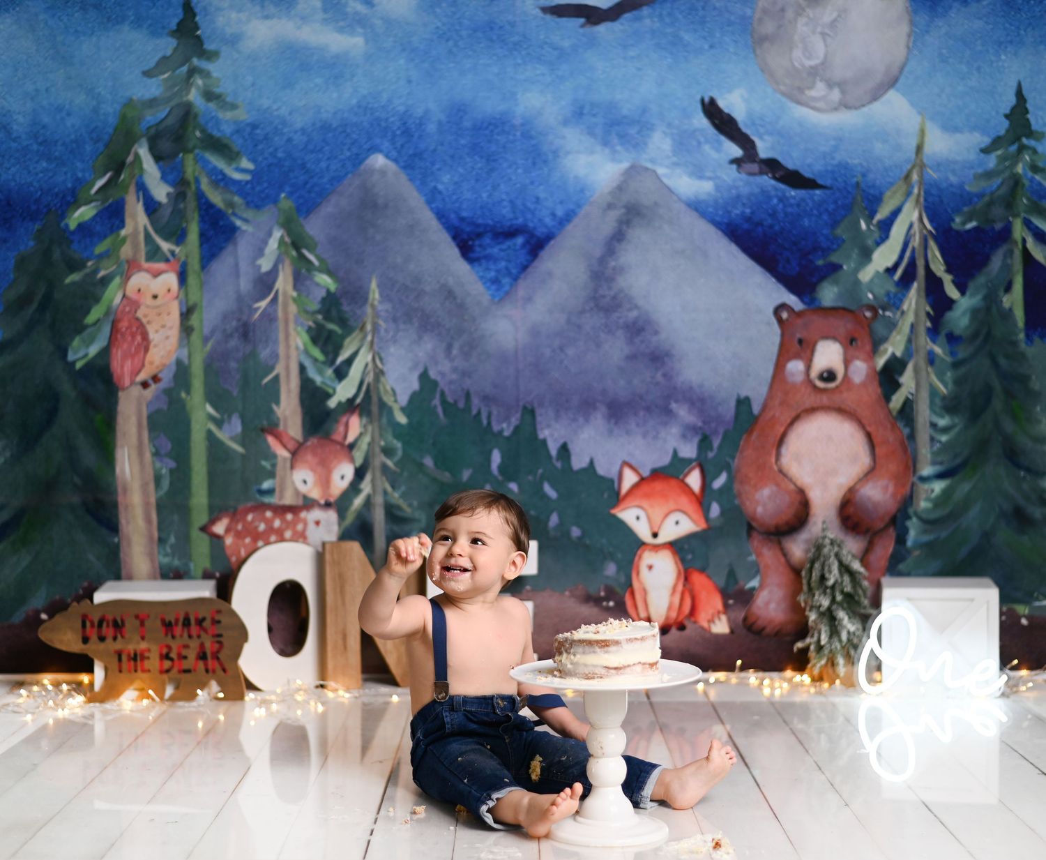 Woodland themed baby photo backdrop with forest animals, pine trees, moon, and rustic decor against a blue night sky.
