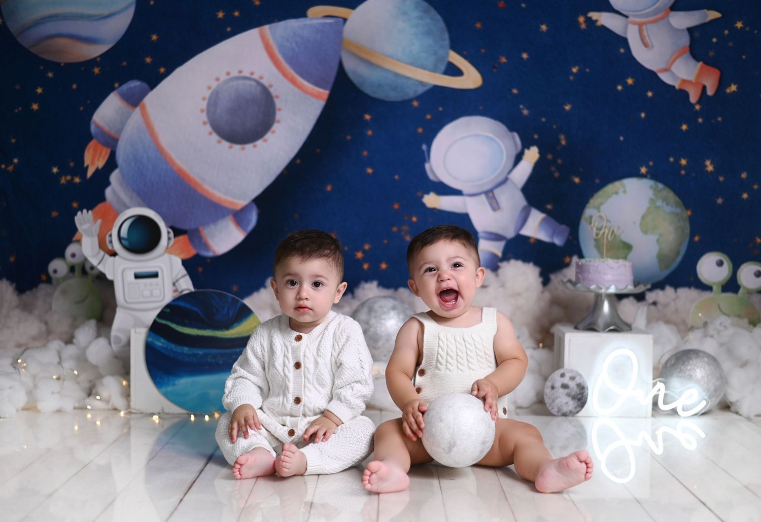 A creative space-themed photo series showing children in astronaut costumes with stars and planets in the background.