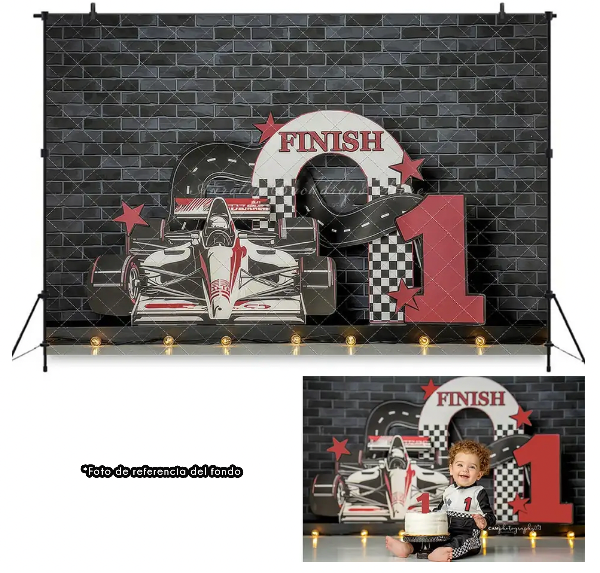 Racing themed backdrop with Formula 1 car illustration, checkered flags, and 'FINISH' text against dark brick wall background.