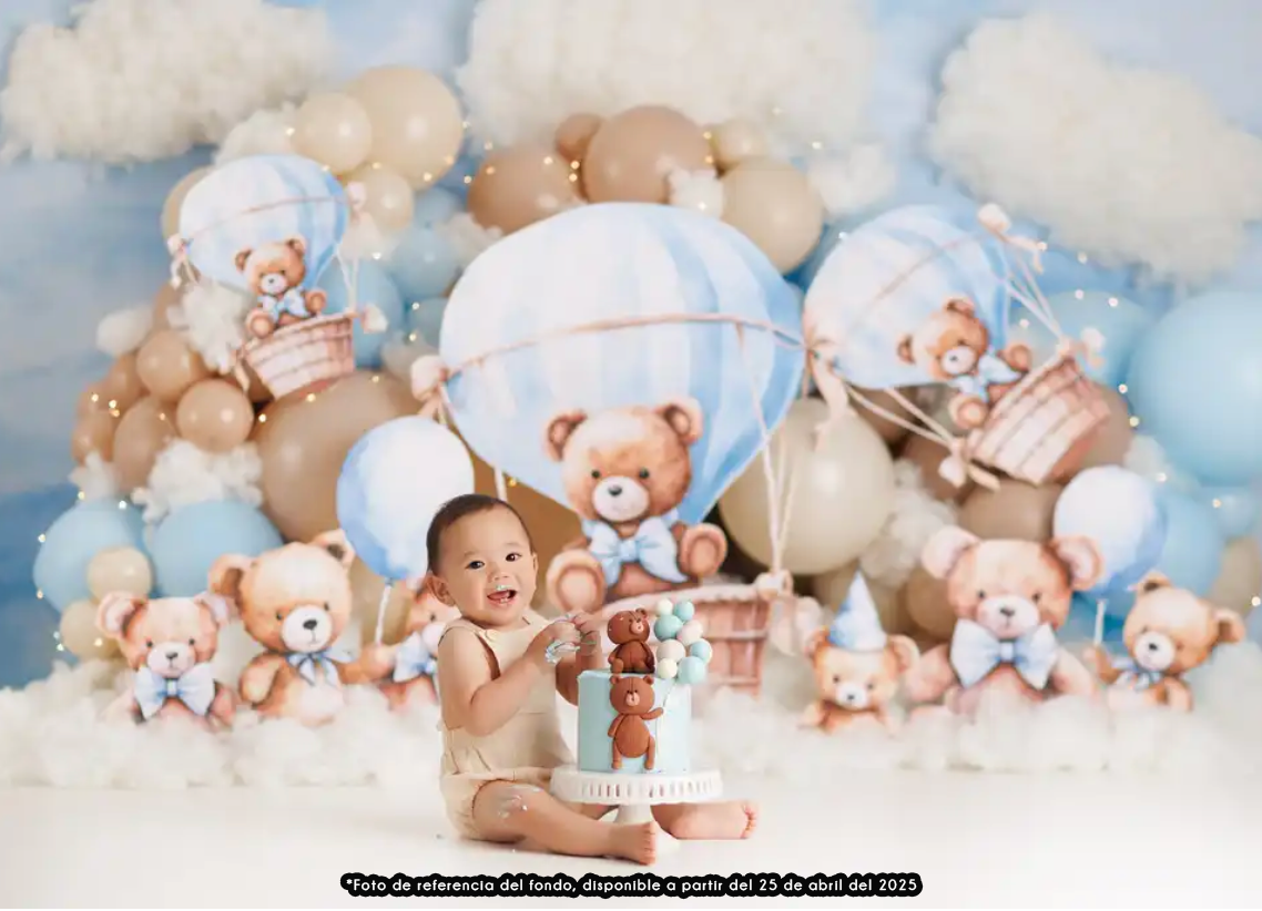 A whimsical nursery scene with teddy bears floating in clouds and hot air balloons against a dreamy blue sky.