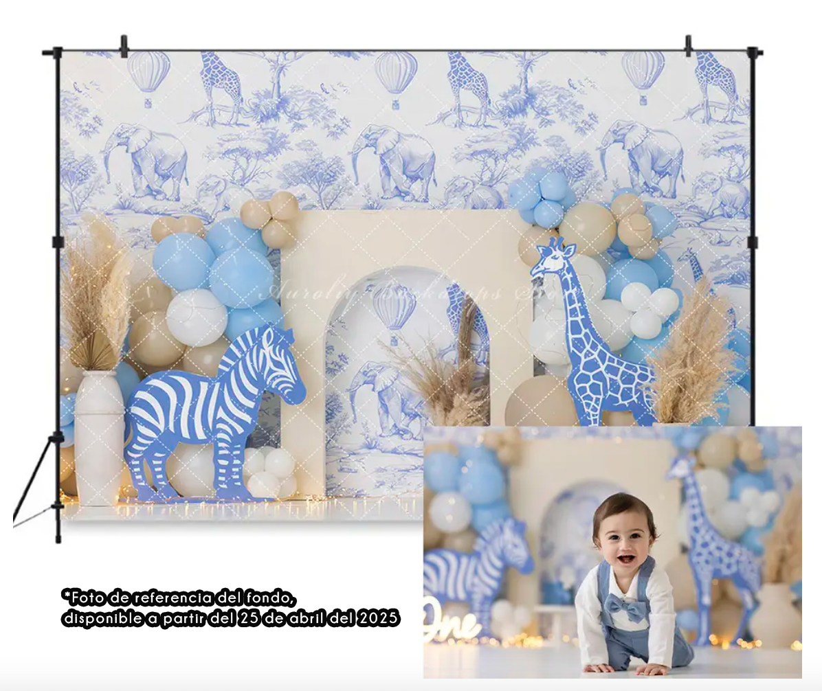 Blue and white safari themed photo backdrop with zebras, balloons, and arches for a baby photography session.