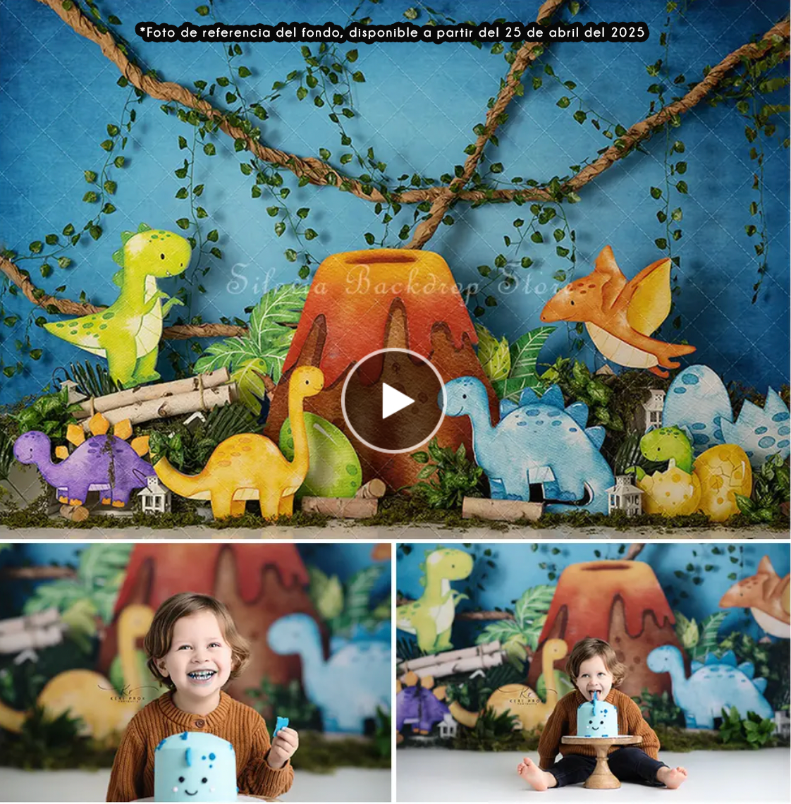Whimsical dinosaur themed party setup with colorful decorations, vines, and a play volcano against blue backdrop.