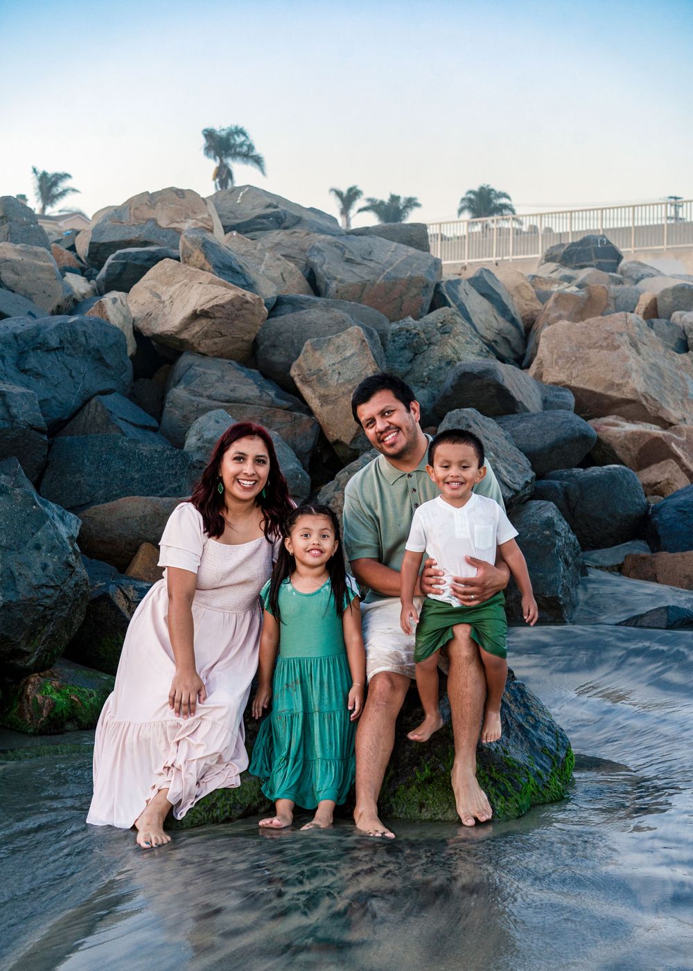 Family of four smiling together on rocky beach shore with palm trees in background.