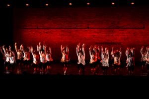Dance performers on stage in dramatic red lighting performing synchronized choreography.