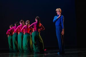 Dancers in colorful costumes perform a synchronized line formation on a dark stage.
