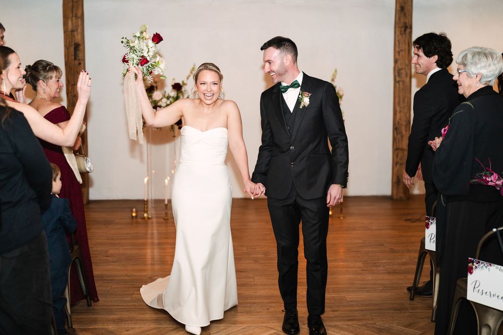 Sequence of wedding reception photos showing couples dancing and celebrating on a wooden dance floor.