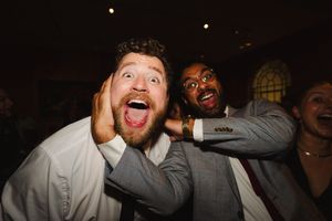 Candid reception party photos showing guests laughing and enjoying the celebration.