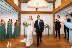 Wedding party in black suits and green dresses line up in a rustic reception hall with chandelier lighting.