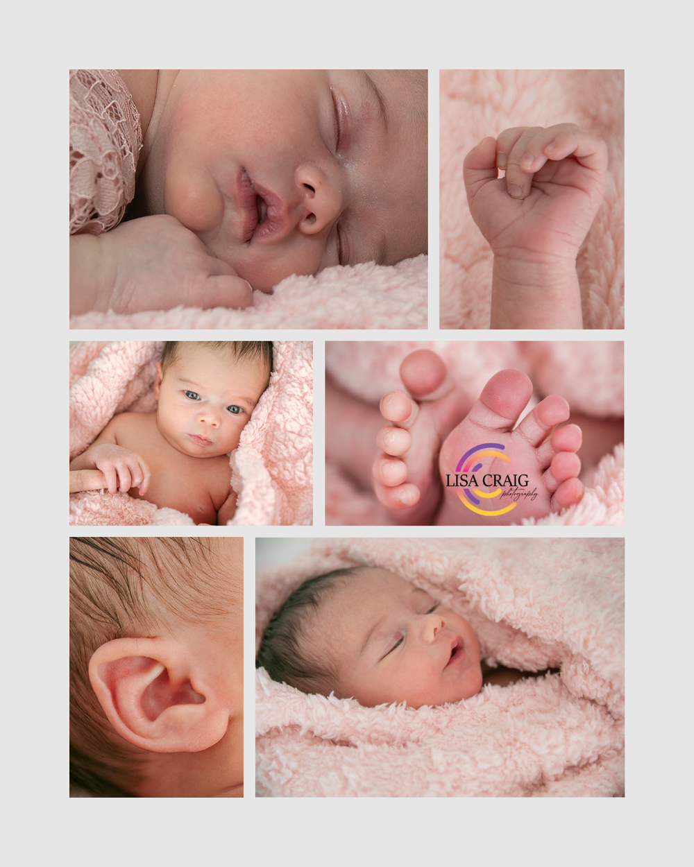 A collage of close-up details showing tiny fingers, ears, and peaceful sleeping newborn features on pink blankets.