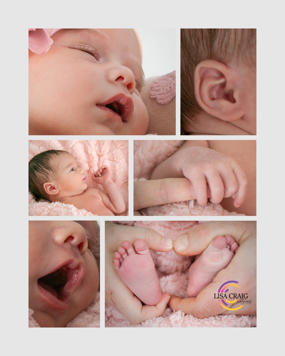 Close-up artistic newborn photography collage showing tender details of tiny feet, hands, and peaceful sleeping poses on pink fabric.