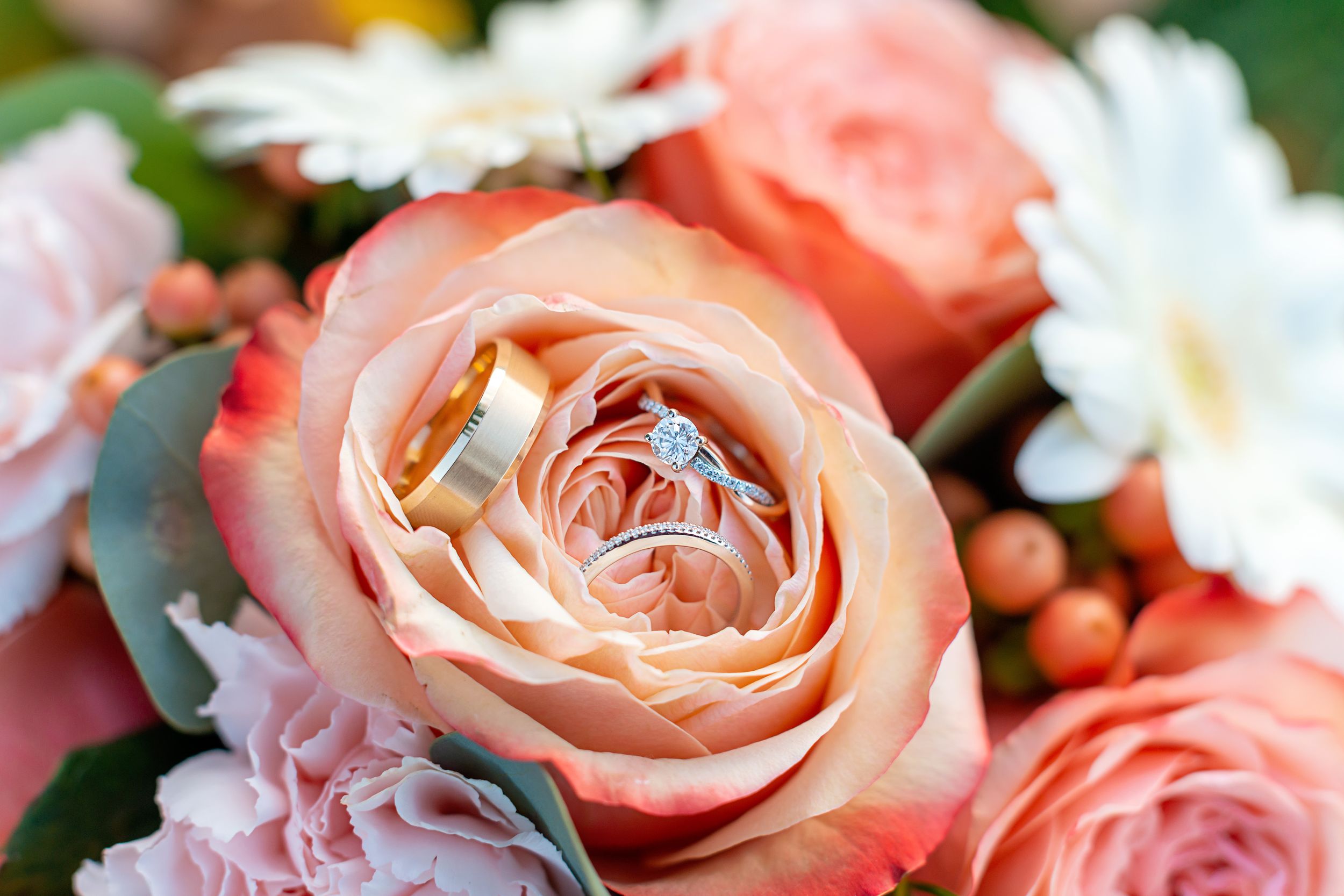 Close-up of coral pink roses and white flowers in a wedding bouquet.