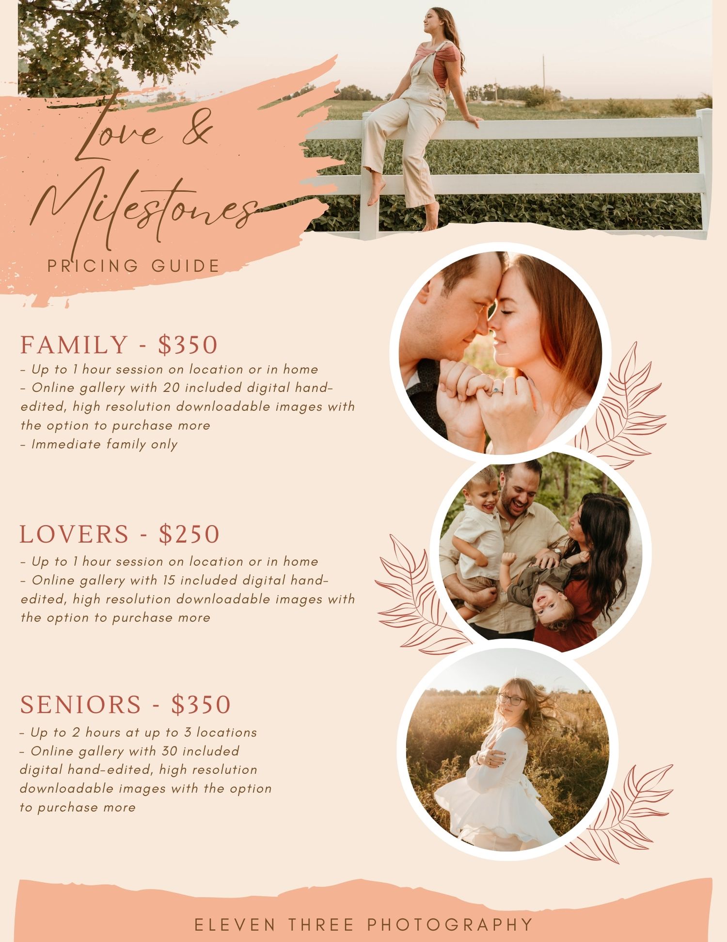 Photography pricing guide showcasing family, lovers, and seniors packages with sample images in a peach and white design layout.