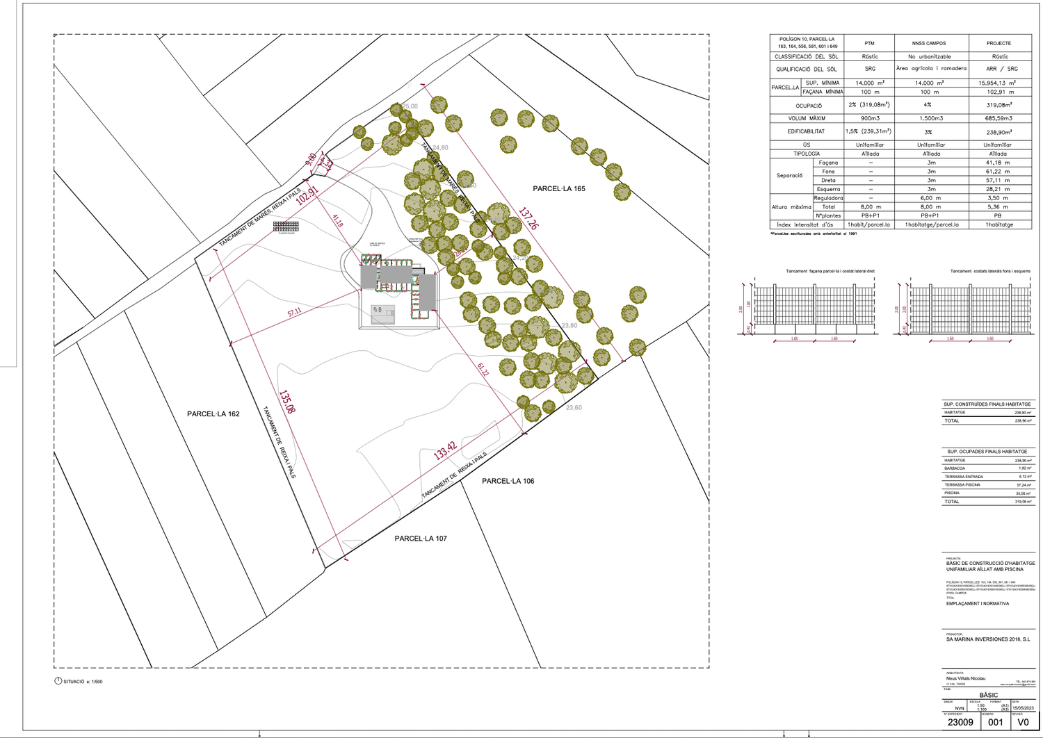 Architectural site plan drawings showing multiple views of property layouts with dimensions and annotations.