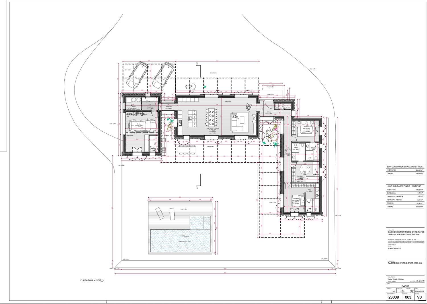 Architectural floor plans and blueprints showing detailed layouts of residential spaces with dimensions and annotations.