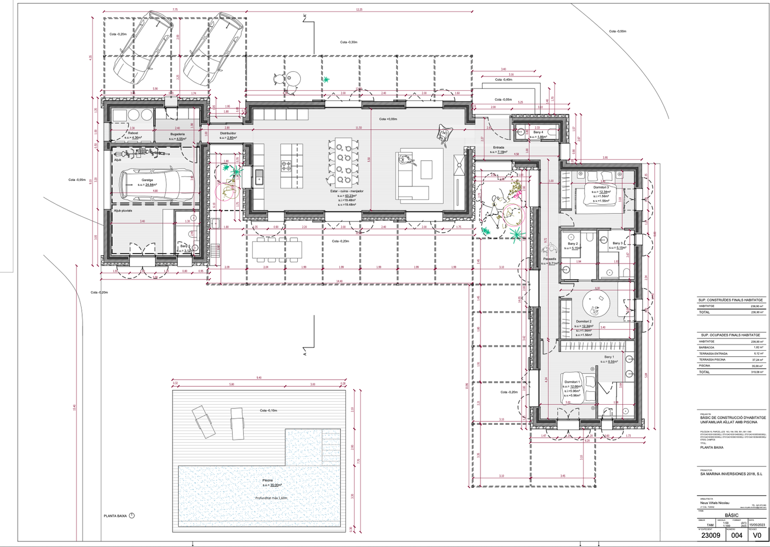 Architectural floor plan drawings showing detailed layouts of rooms, dimensions, and annotations for a residential project.