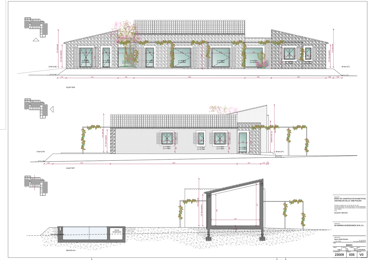 Architectural elevation drawings showing multiple views of a building facade with windows and detailed measurements.