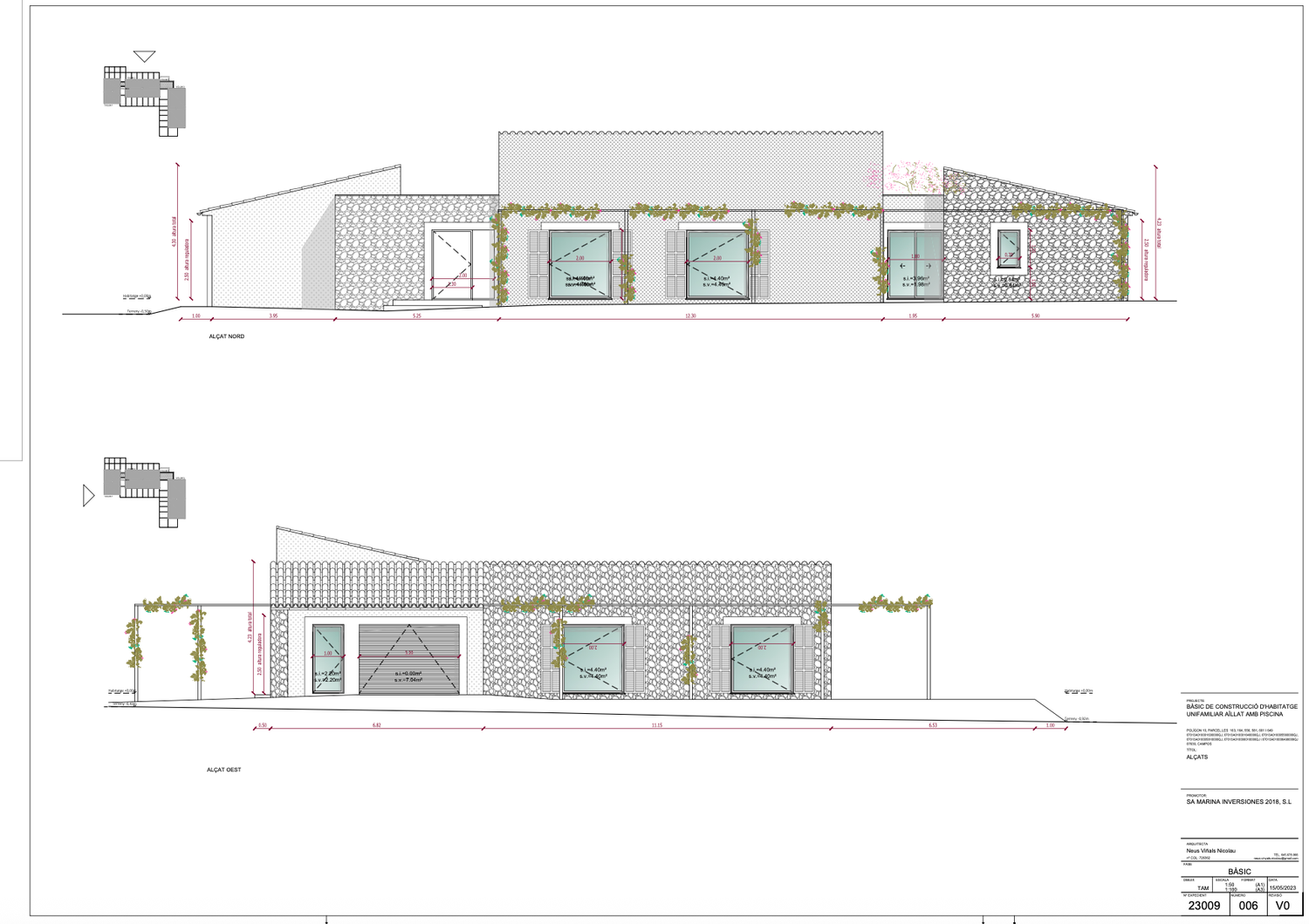 Architectural elevation drawings showing multiple views of a building's exterior facade and structural details.